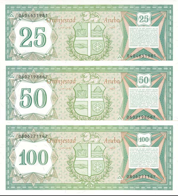 Aruba - 25, 50, and 100 Florin - P-3, 4, 5. - Set of 3 - Paper Money